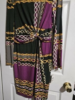 Muse Purple, Black & Gold Chain-Print Long Sleeve Knot Dress